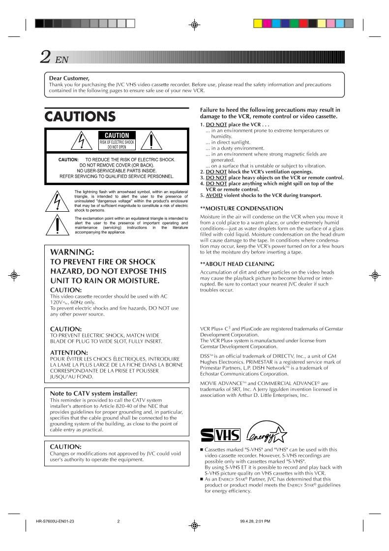 JVC HRS7600U VCR Operating Manual