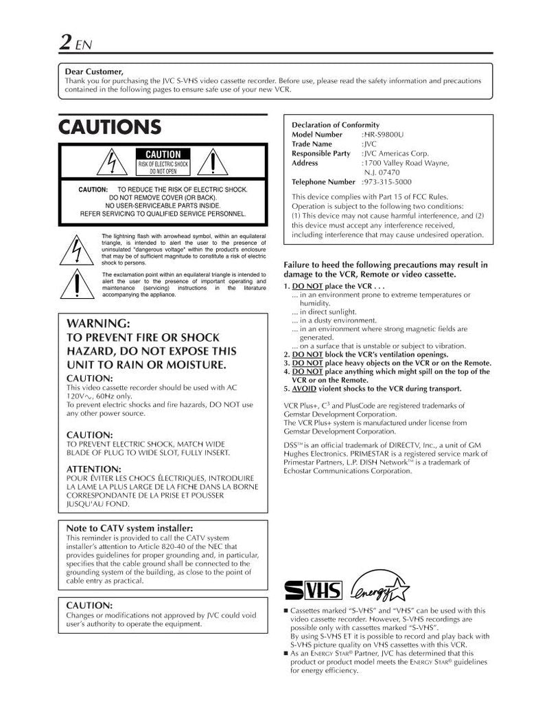 JVC HRS9800U TV/VCR Combo Operating Manual