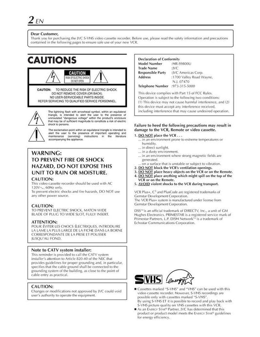 JVC HRS9800U TV/VCR Combo Operating Manual