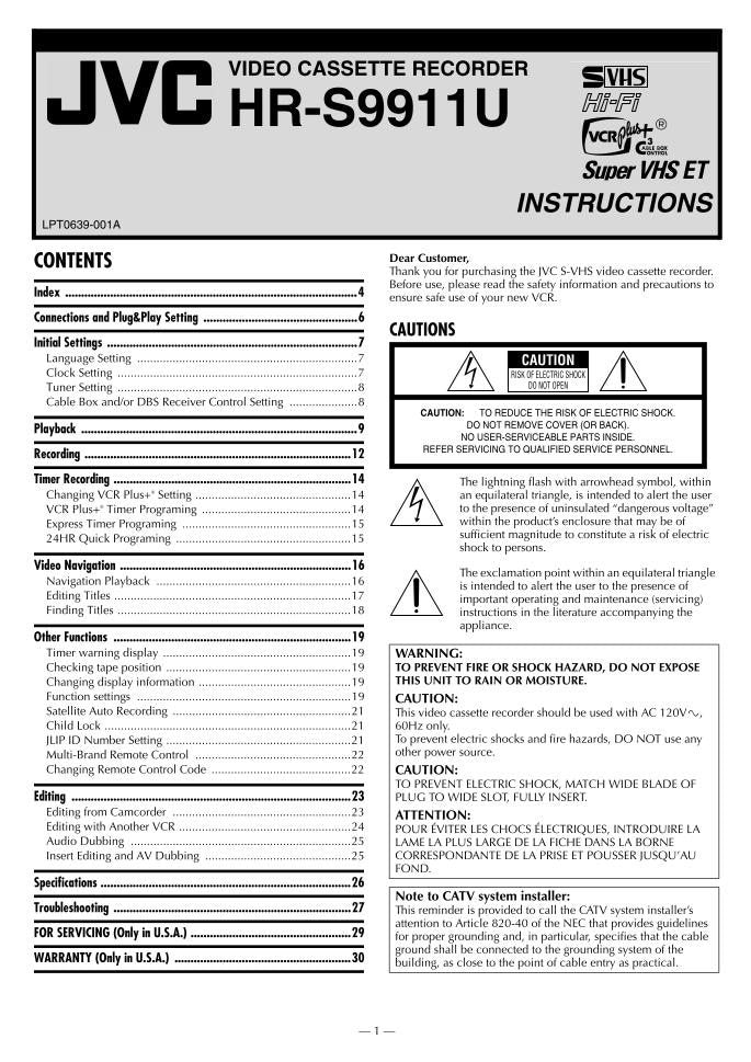 JVC HRS9911U VCR Operating Manual