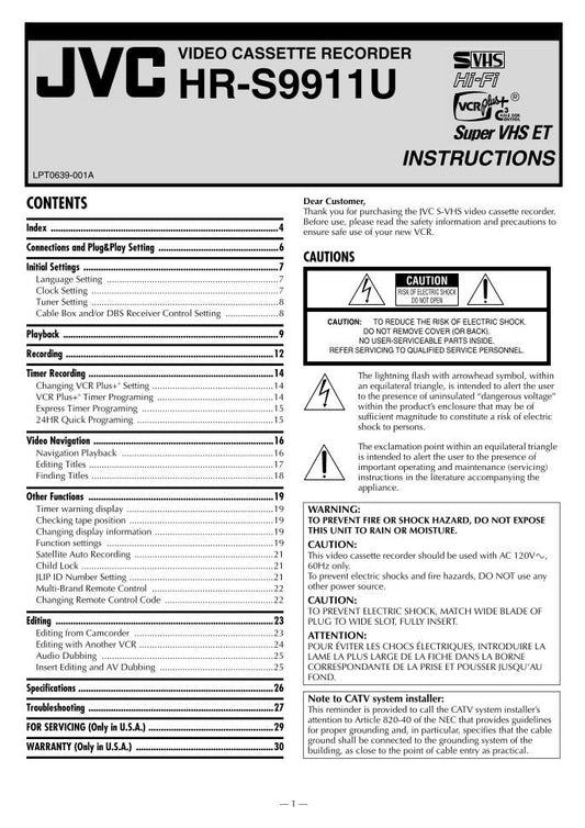 JVC HRS9911U VCR Operating Manual