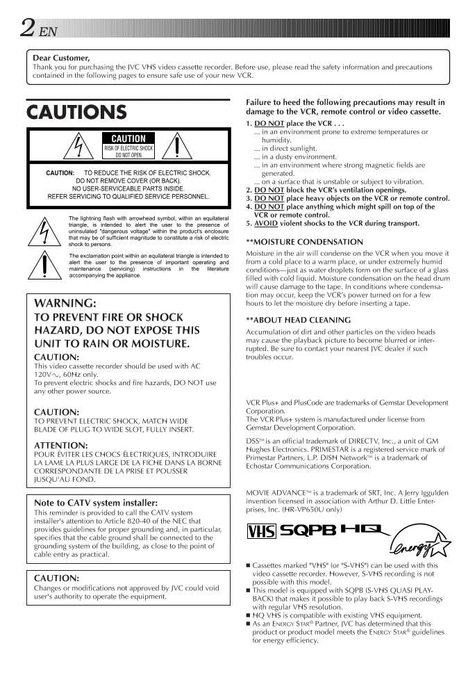 JVC HRVP450U HRVP650U VCR Operating Manual