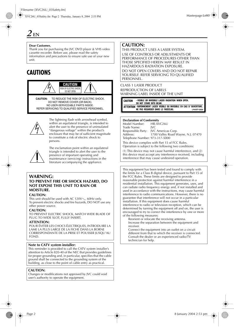 JVC HRXVC26U HRXVC26UA HRXVC26US DVD/VCR Combo Player Operating Manual