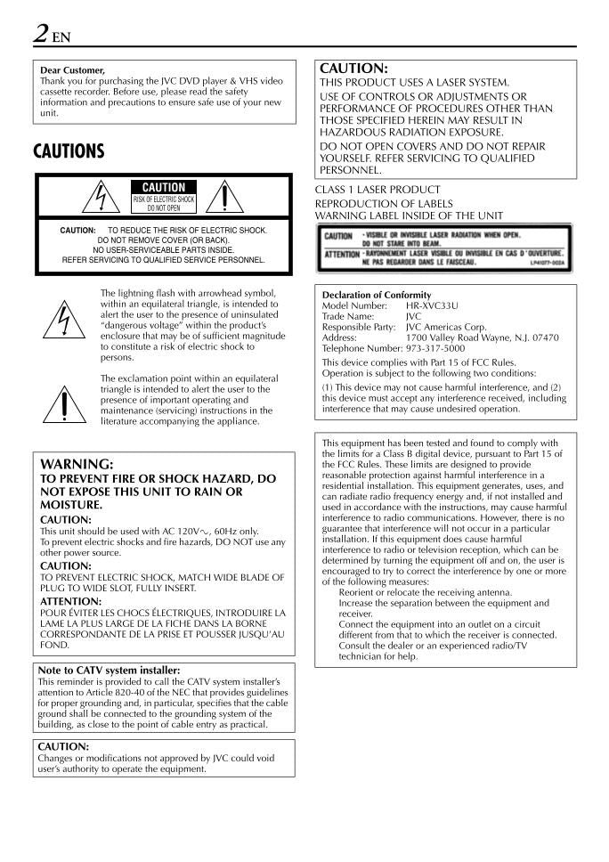 JVC HRXVC30U HRXVC33U DVD/VCR Combo Player Operating Manual