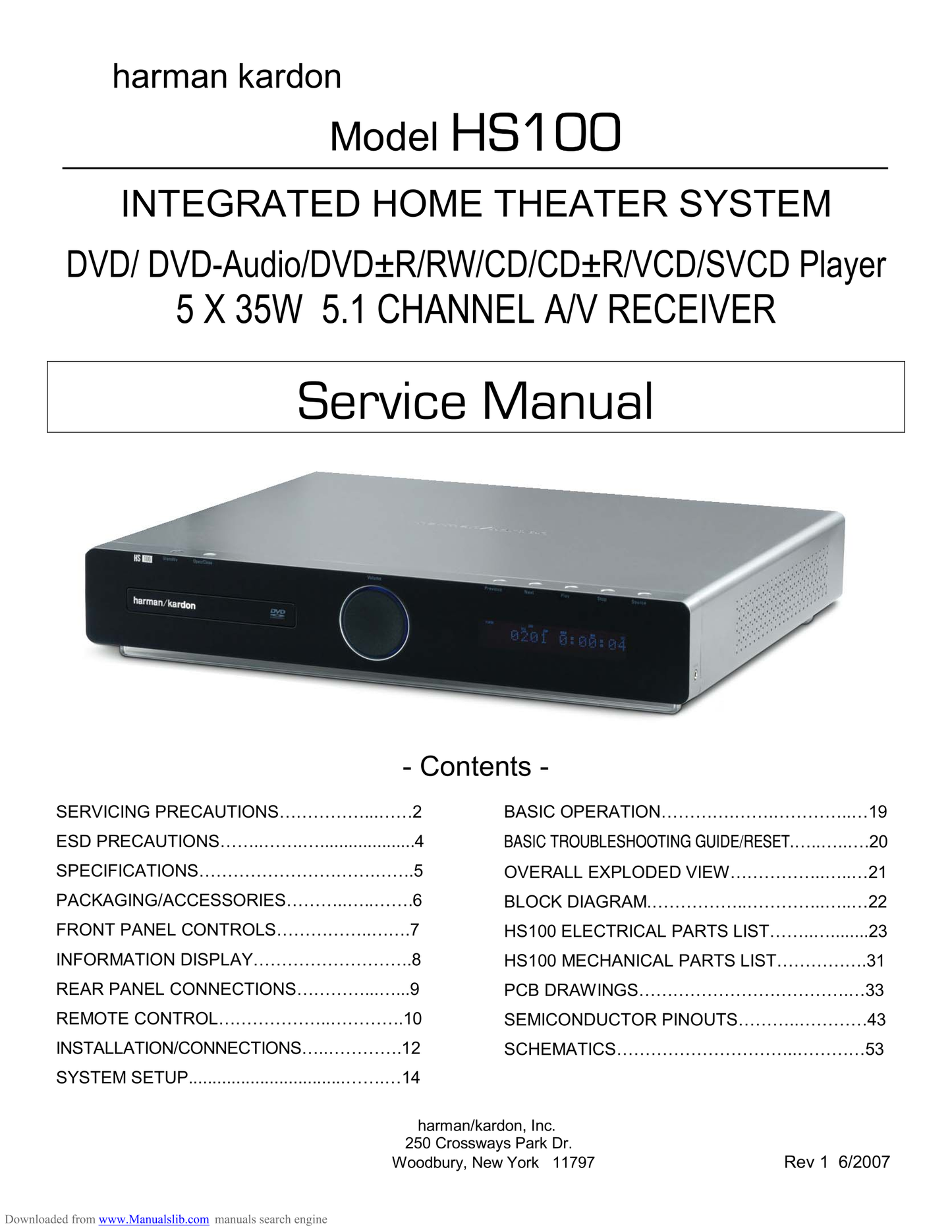 Harman/ Kardon HS100 Home Theater System Service Manual (Pages: 71)