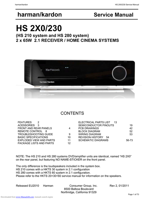 Harman/ Kardon HS 210 & HS 280 Home Cinema System Service Manual (Pages: 73)