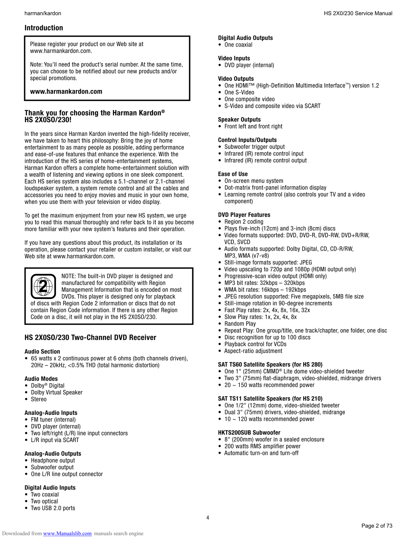 Harman/ Kardon HS 210 & HS 280 Home Cinema System Service Manual (Pages: 73)