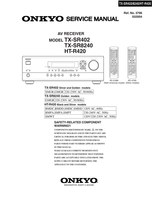 Onkyo HT-R420, HT-S670, TX-SR402 & TX-SR8240 AV Receiver Service Manual (Pages: 89)