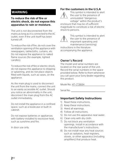 Sony SA-CT260 H - Component Sound Bar/Front Speaker Audio/Video Receiver Operating Manual