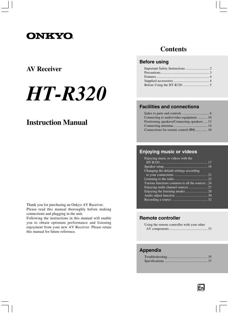 Onkyo HTR320 Audio/Video Receiver Operating Manual