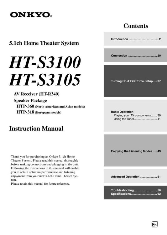 Onkyo HTR340 HTS3100 HTS3105 Audio/Video Receiver Operating Manual