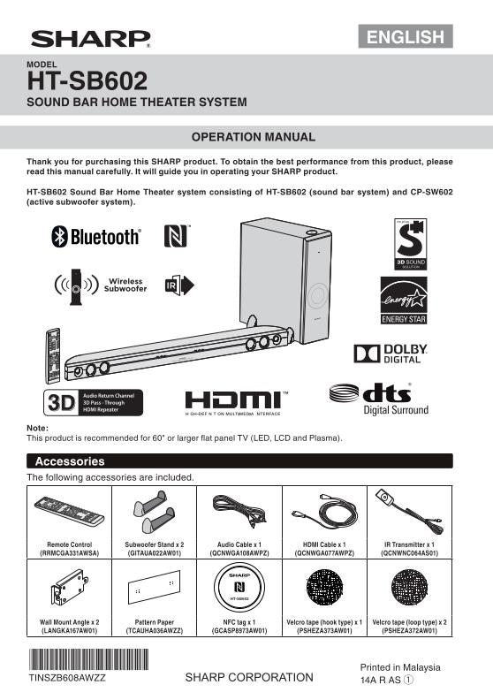 Sharp HTSB602 Sound Bar System Operating Manual