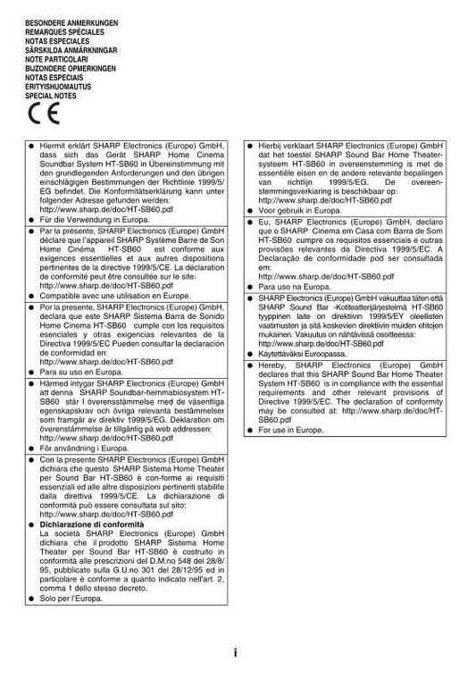 Sharp HTSB60 Sound Bar System Operating Manual