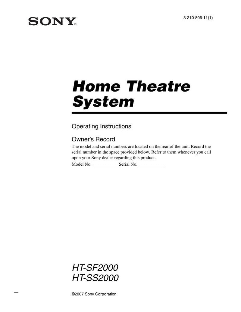 Sony HTSF2000 HTSS2000 STRKS2000 Audio/Video Receiver Operating Manual