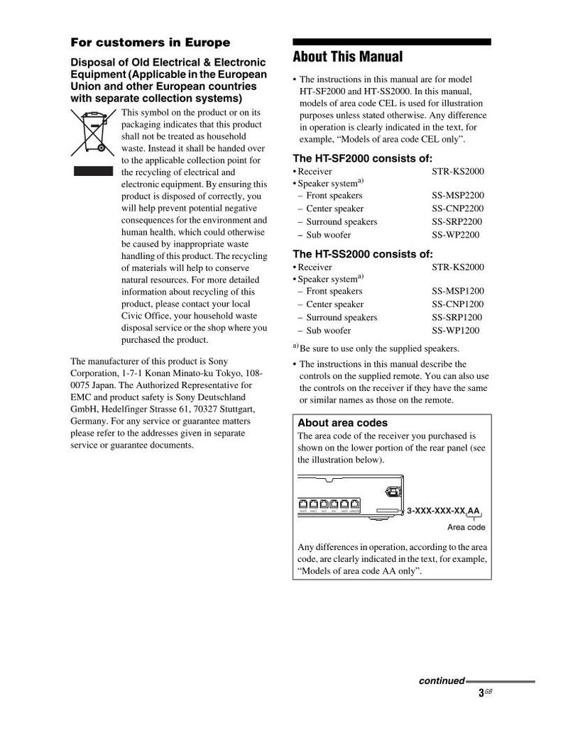 Sony HTSF2000 HTSS2000 STRKS2000 Audio/Video Receiver Operating Manual