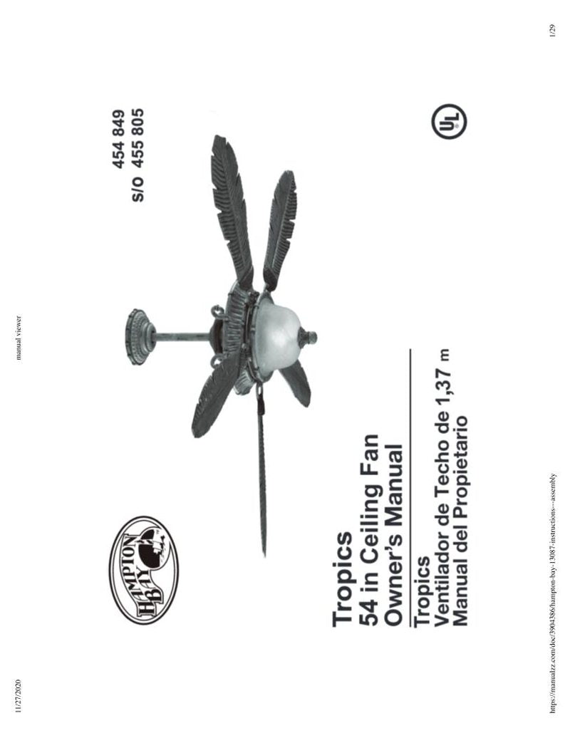 Hampton Bay 13087 Tropics 54 in OM Ceiling Fan Operating Manual