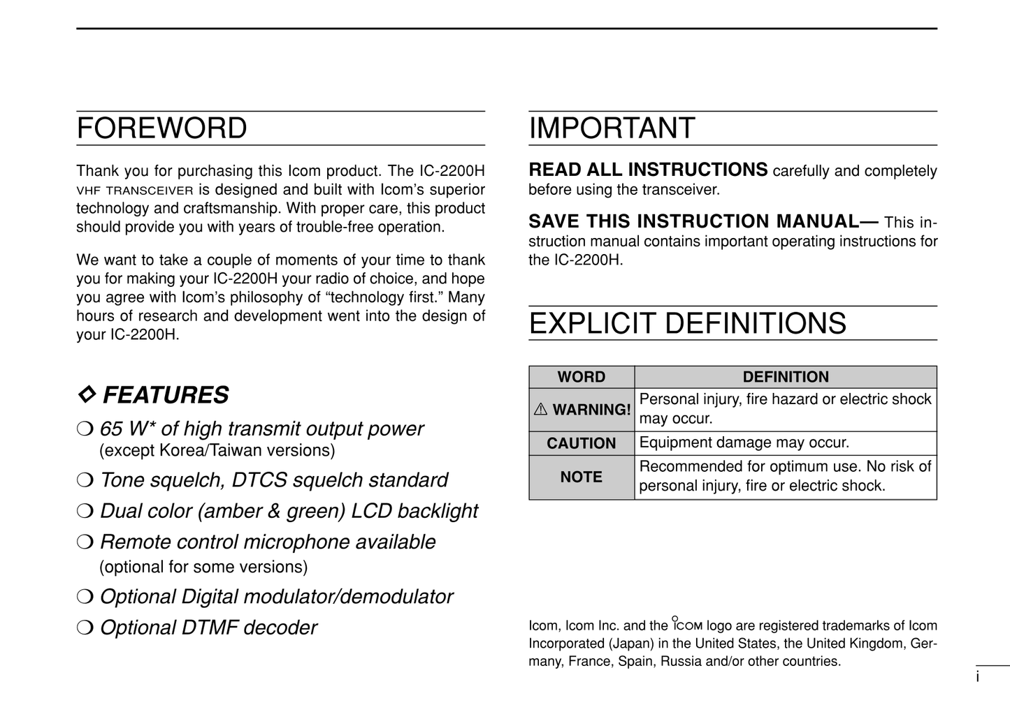 Icom IC-2200H VHF Transceiver Owner/ User Manual (Pages: 108)