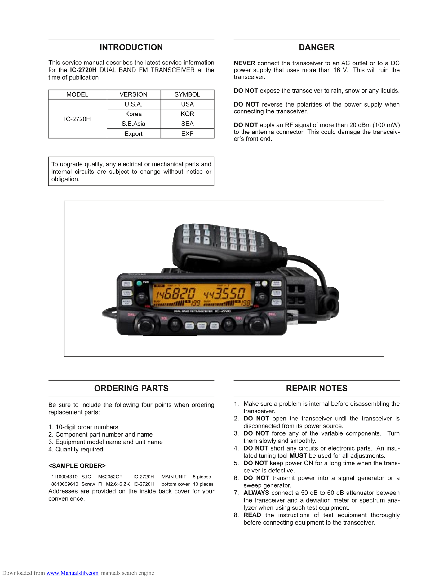 Icom IC-2720 H Dual Band Transceiver Service Manual (Pages: 51)