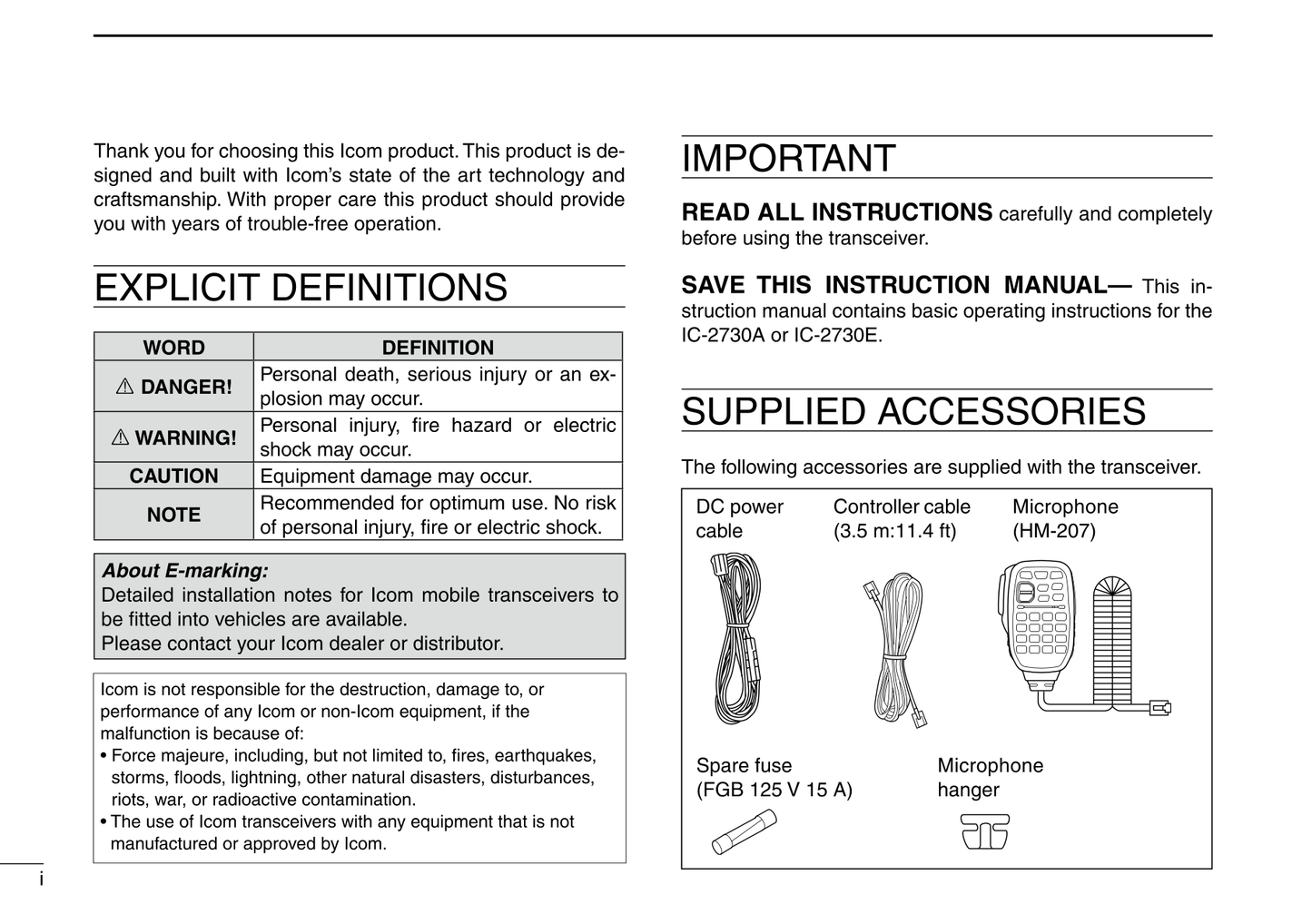 Icom IC-2730A & IC-2730E Dual Band Transceiver Owner/ User Manual (Pages: 96)