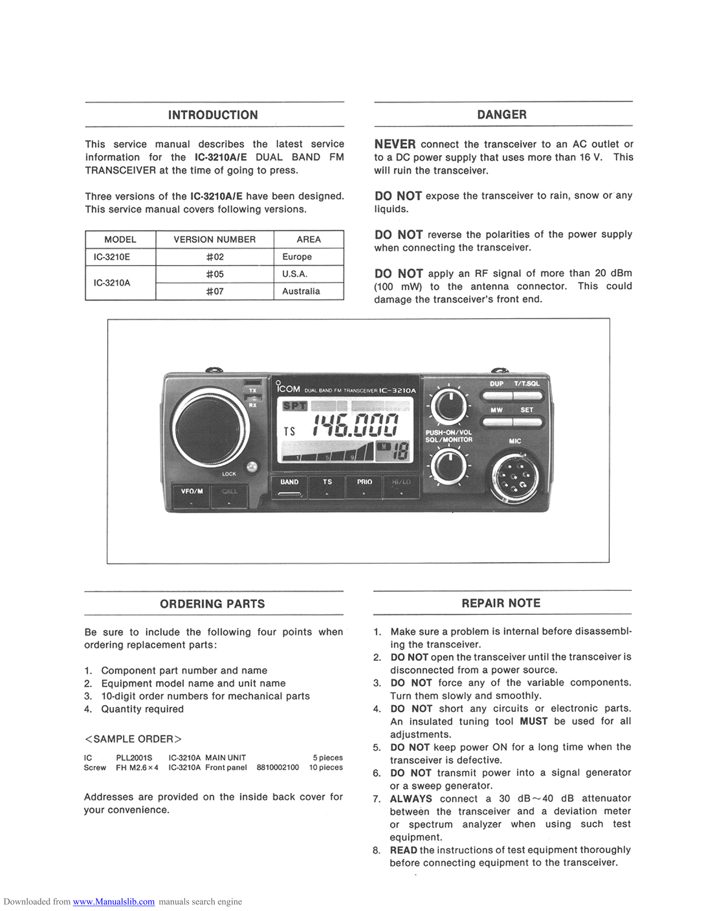 Icom IC-3210 A & E Dual Band Transceiver Service Manual (Pages: 59)