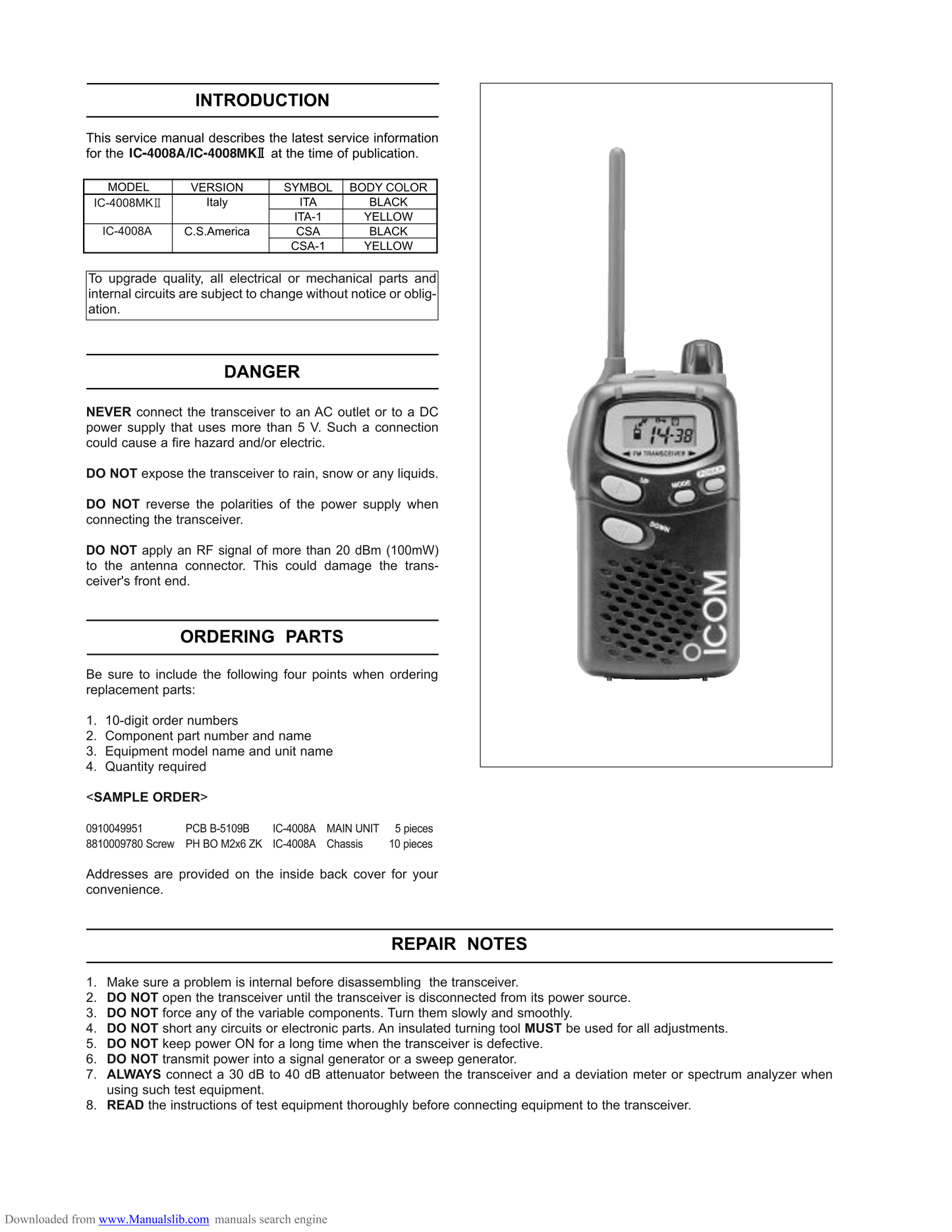 Icom IC-4008 A & MKII FM Transceiver Service Manual (Pages: 31)