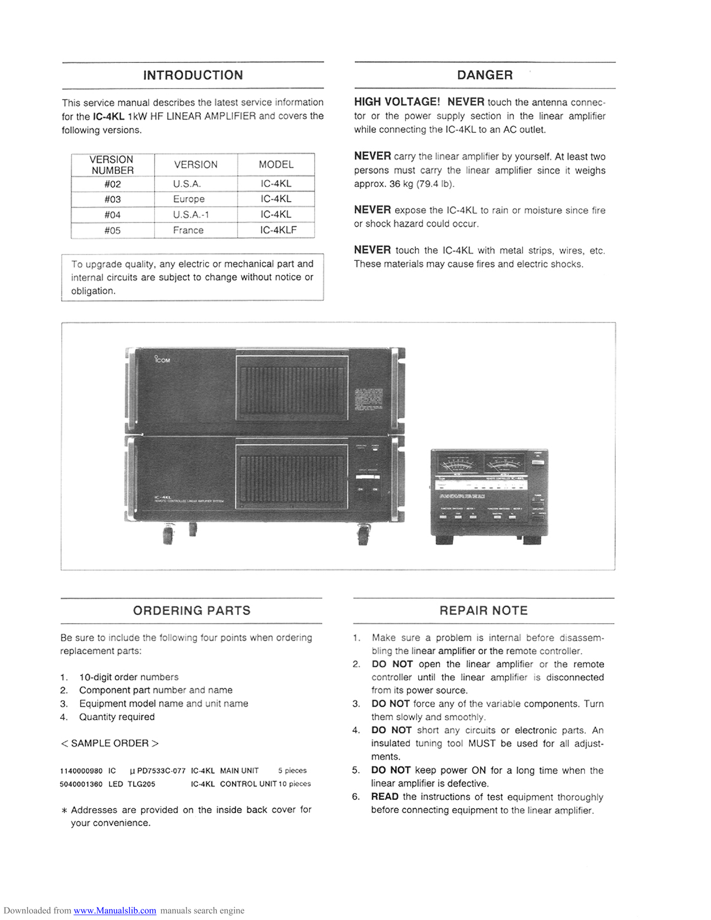 Icom IC-4 KL Linear Amplifier Service Manual (Pages: 60)