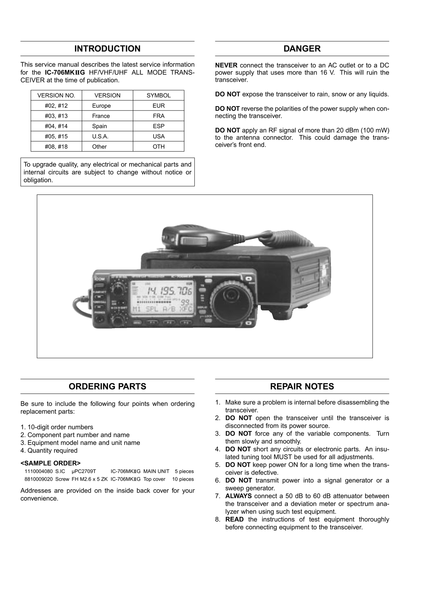 Icom IC-706 MKIIG HF/VHF/UHF Transceiver Service Manual (Pages: 85)