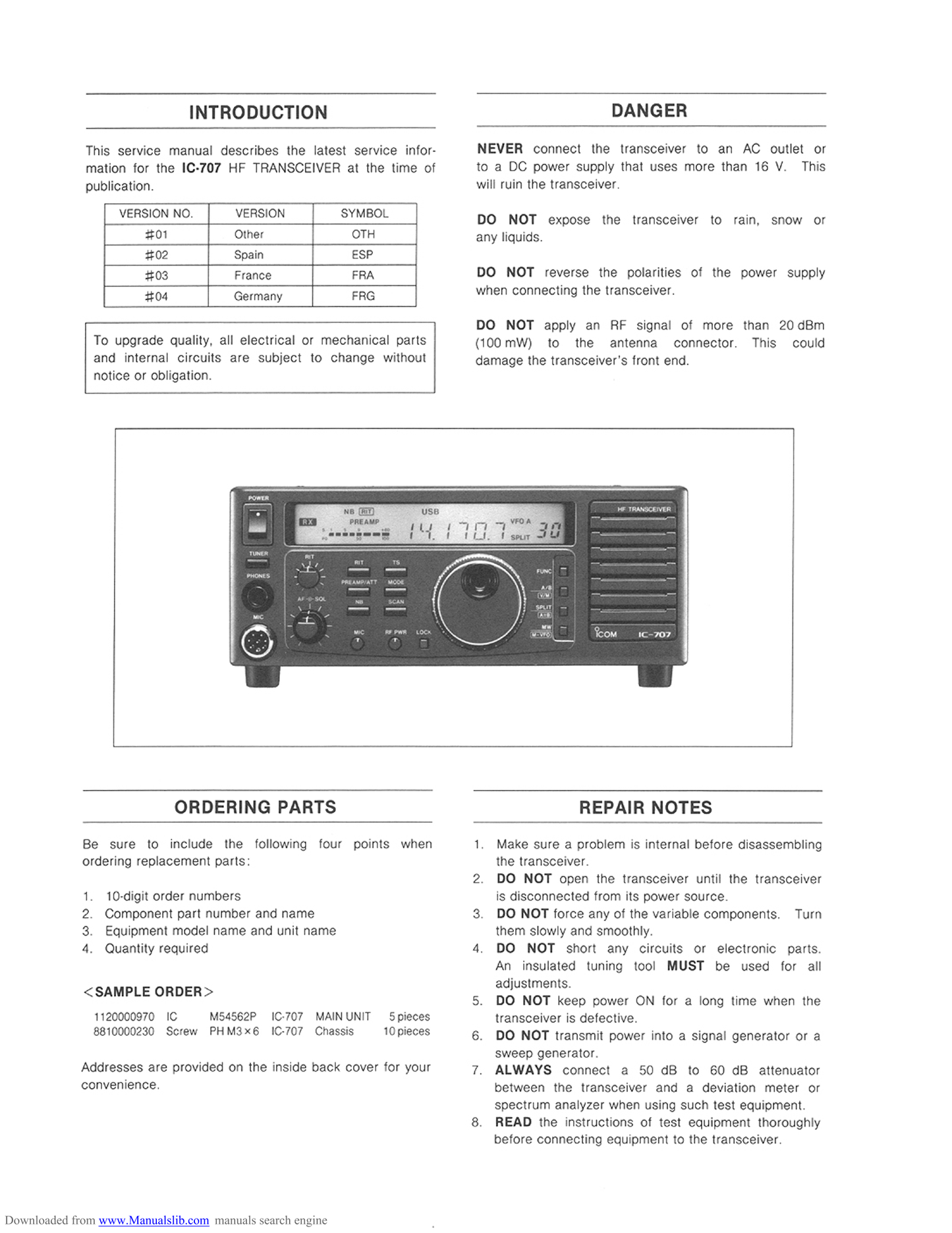 Icom IC-707 HF Transceiver Service Manual (Pages: 72)