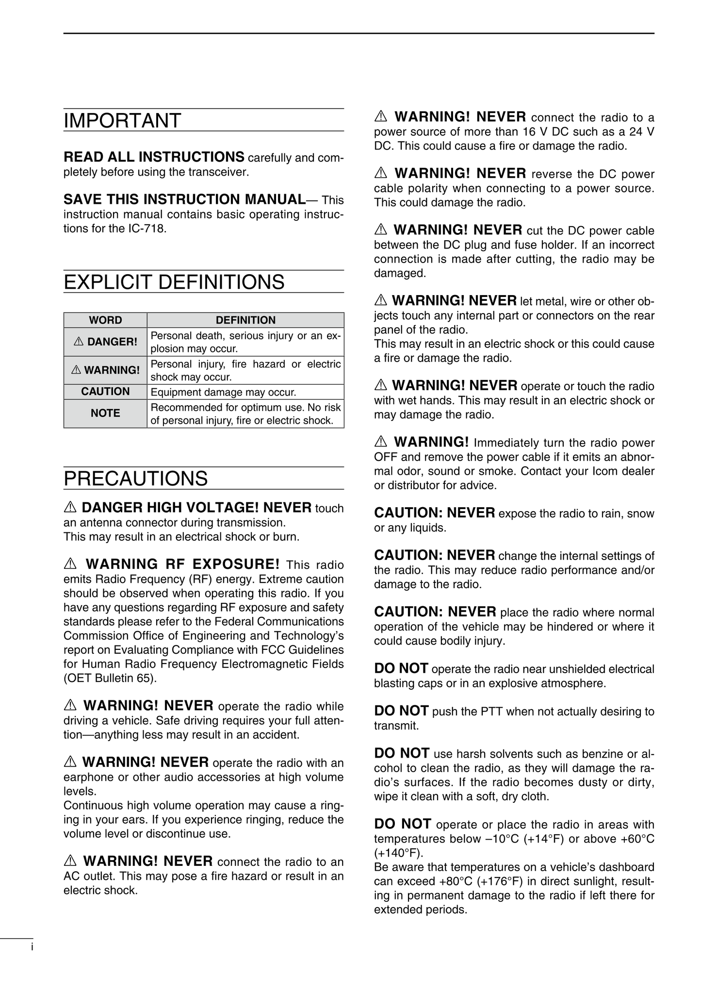 Icom IC-718 HF All Band Transceiver Owner/ User Manual (Pages: 72)