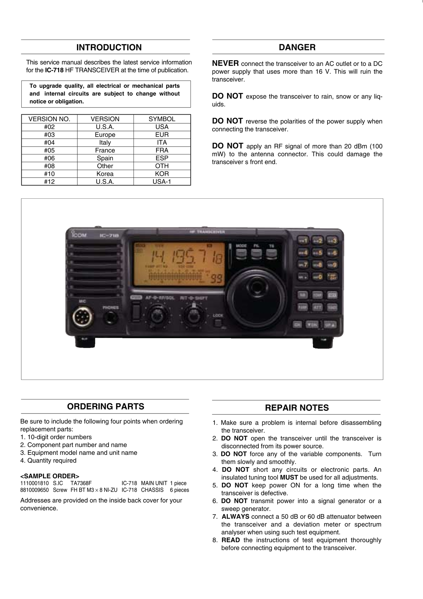 Icom IC-718 HF Transceiver Service Manual (Pages: 206)