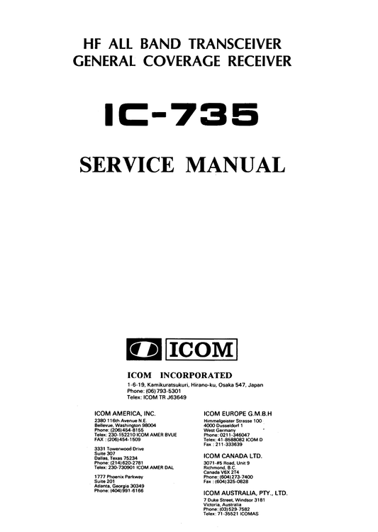 Icom IC-735 HF Transceiver Service Manual (Pages: 149)