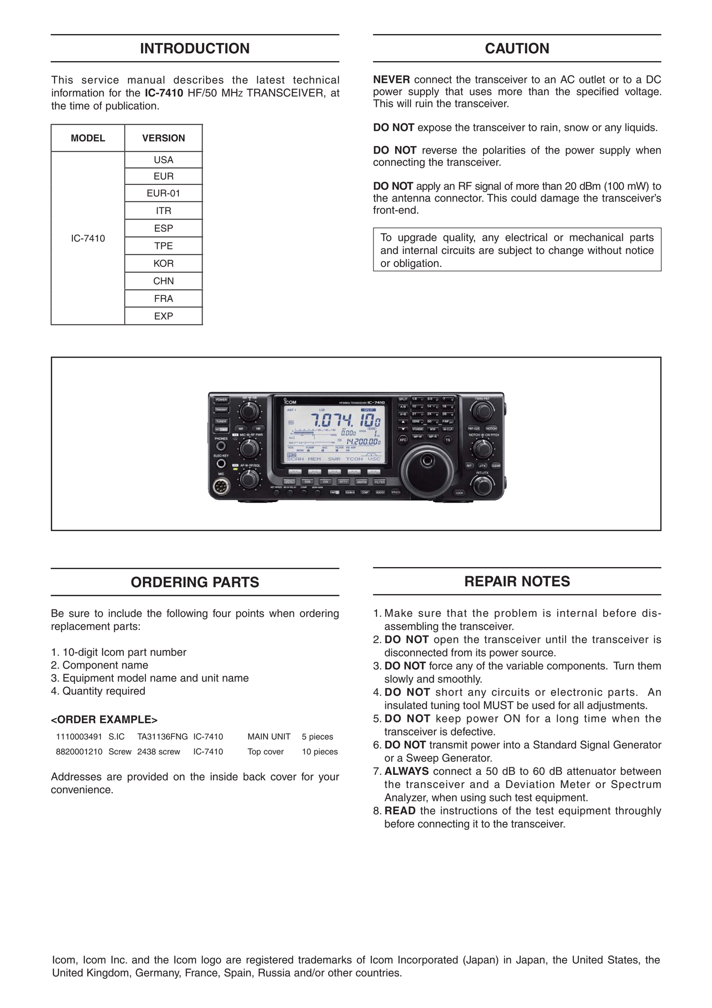 Icom IC-7410 HF Transceiver Service Manual (Pages: 108)