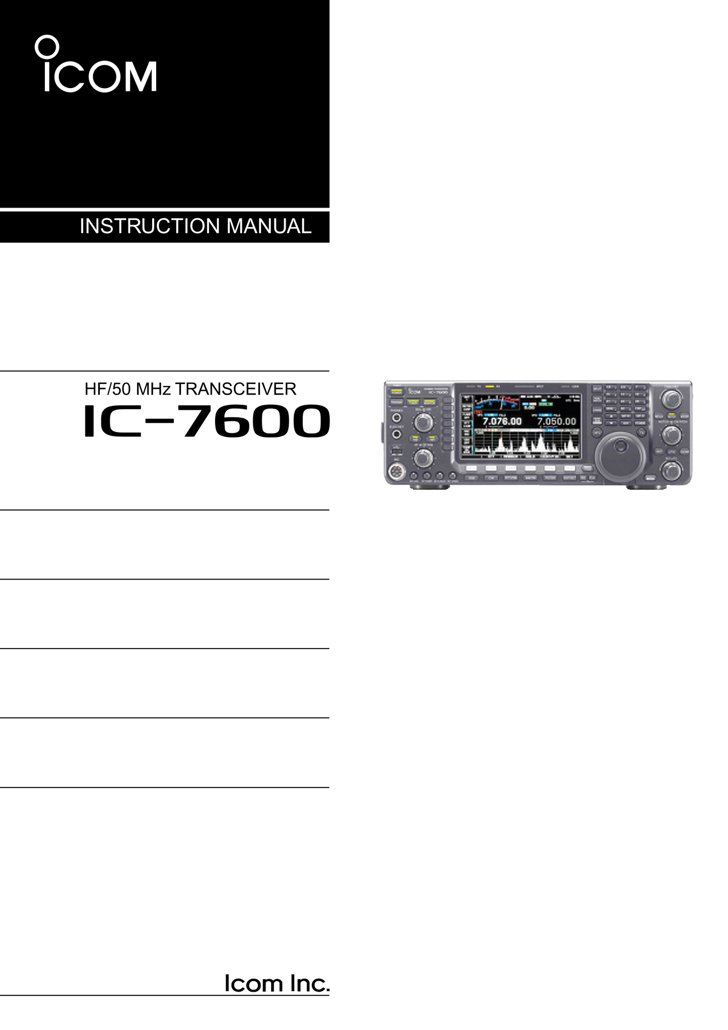 Icom IC-7600 HF/ 50MHz Transceiver Owner/ User Manual (Pages: 180)