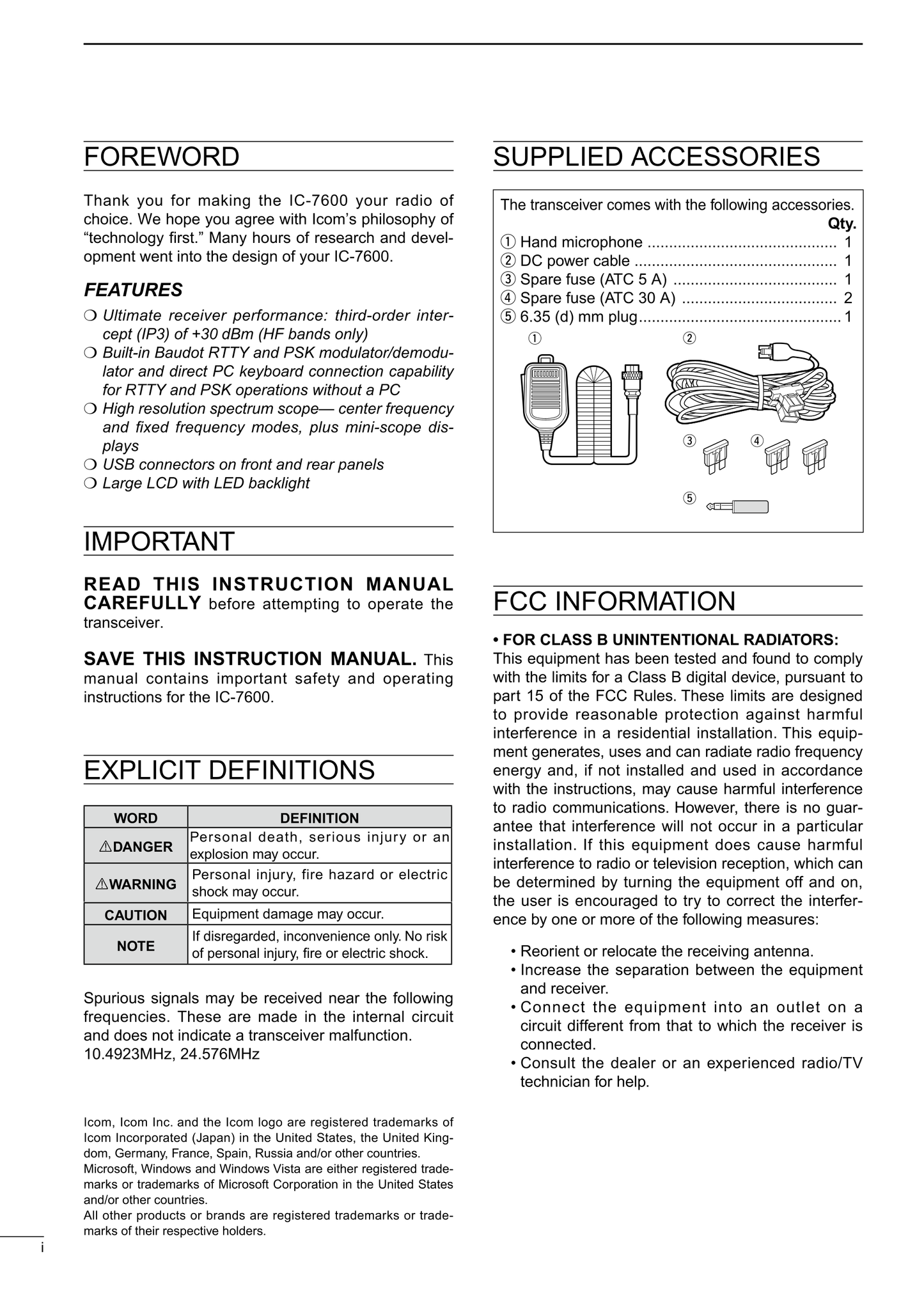 Icom IC-7600 HF/ 50MHz Transceiver Owner/ User Manual (Pages: 180)