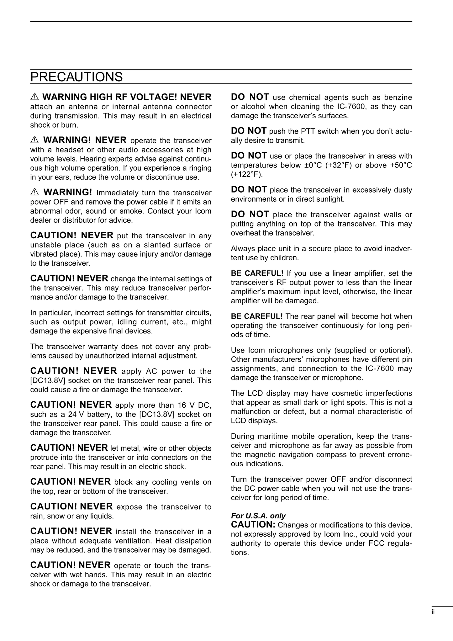 Icom IC-7600 HF/ 50MHz Transceiver Owner/ User Manual (Pages: 180)