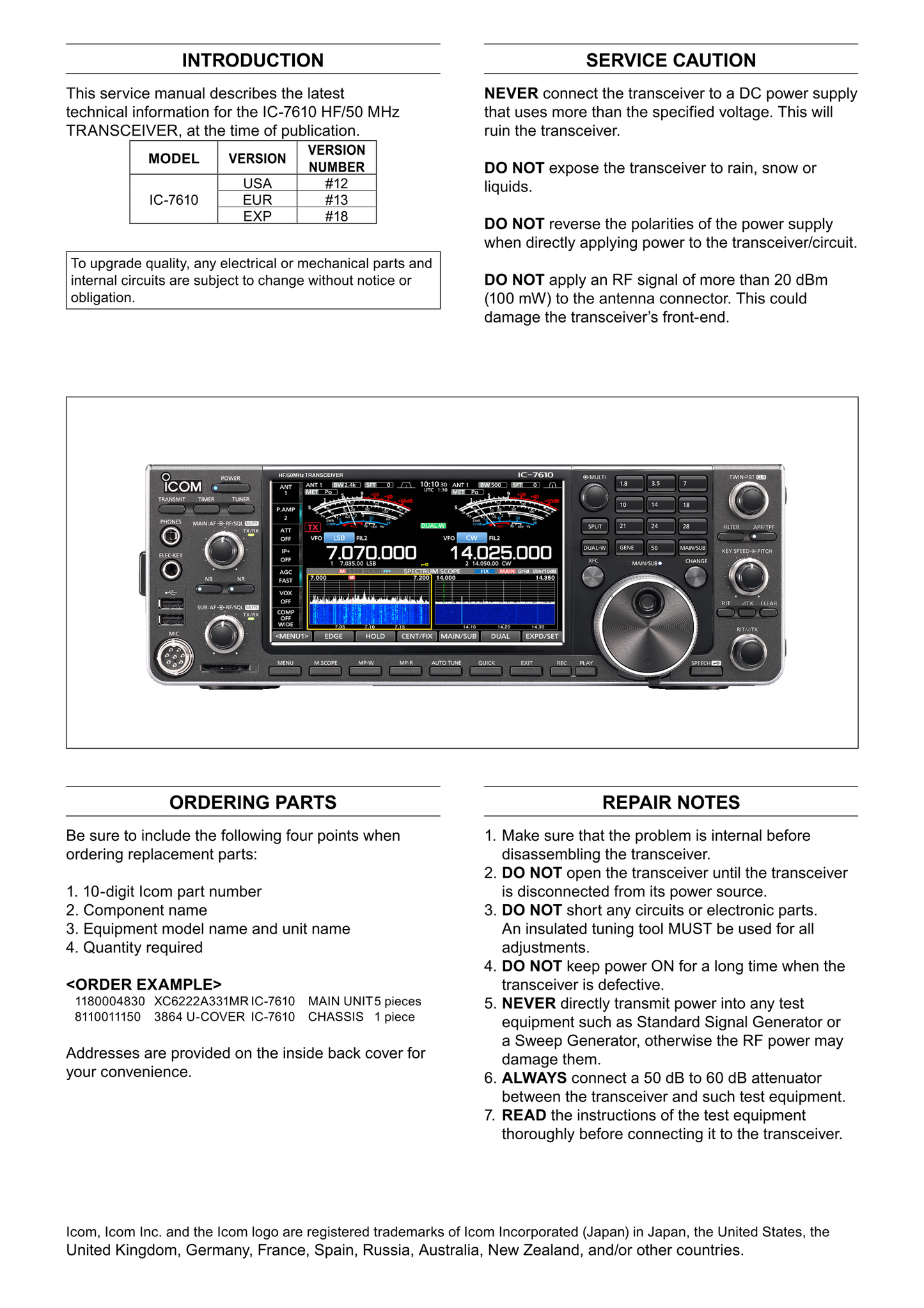 Icom IC-7610 HF Transceiver Service Manual (Pages: 107)