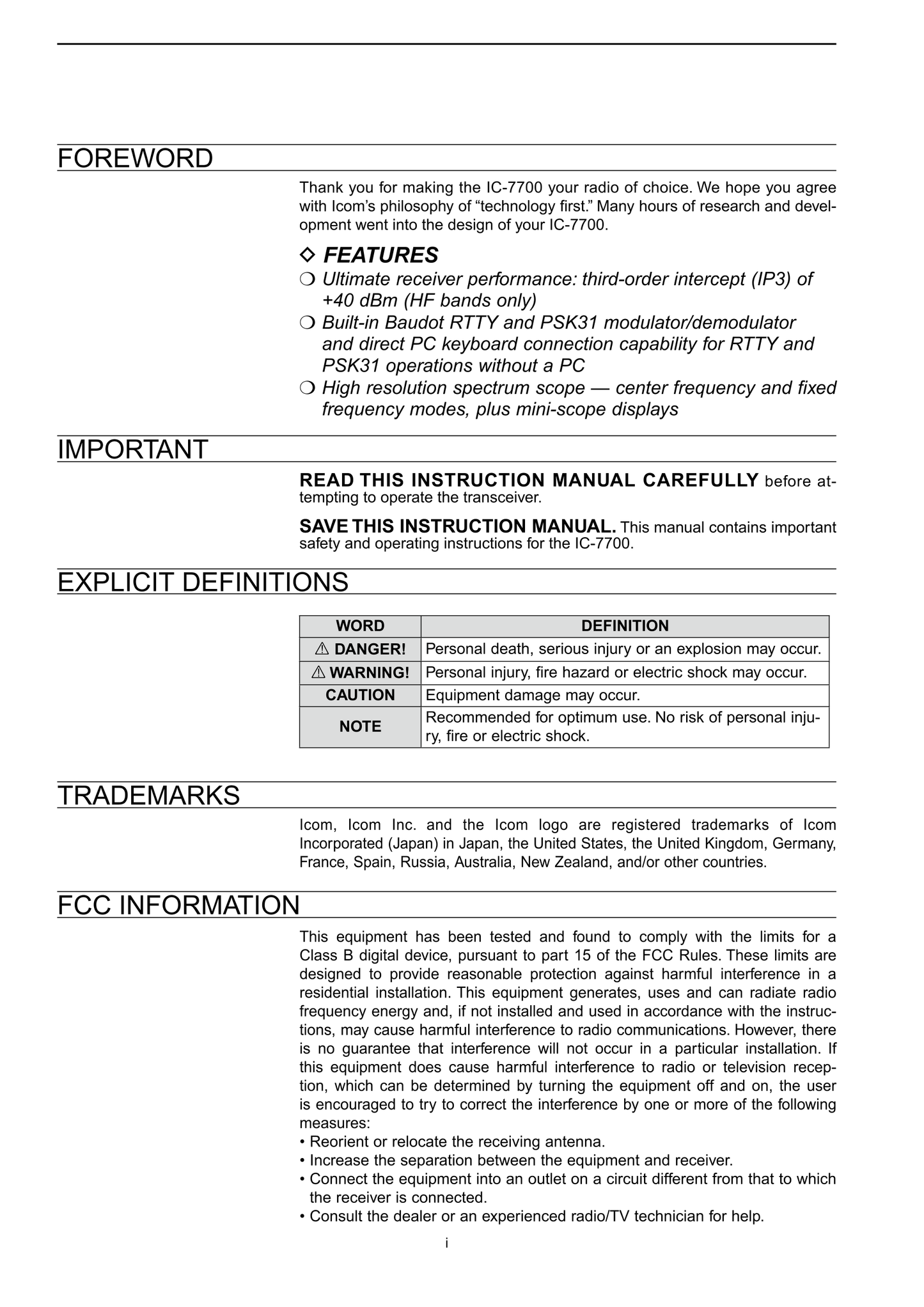 Icom IC-7700 HF/ 50MHz Transceiver Owner/ User Manual (Pages: 232)