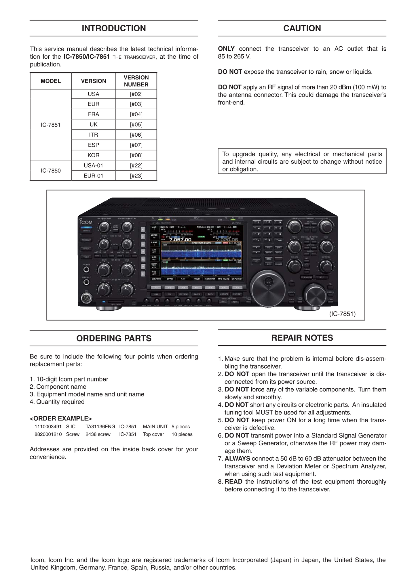 Icom IC-7850 & IC-7851 Transceiver Service Manual (Pages: 179)