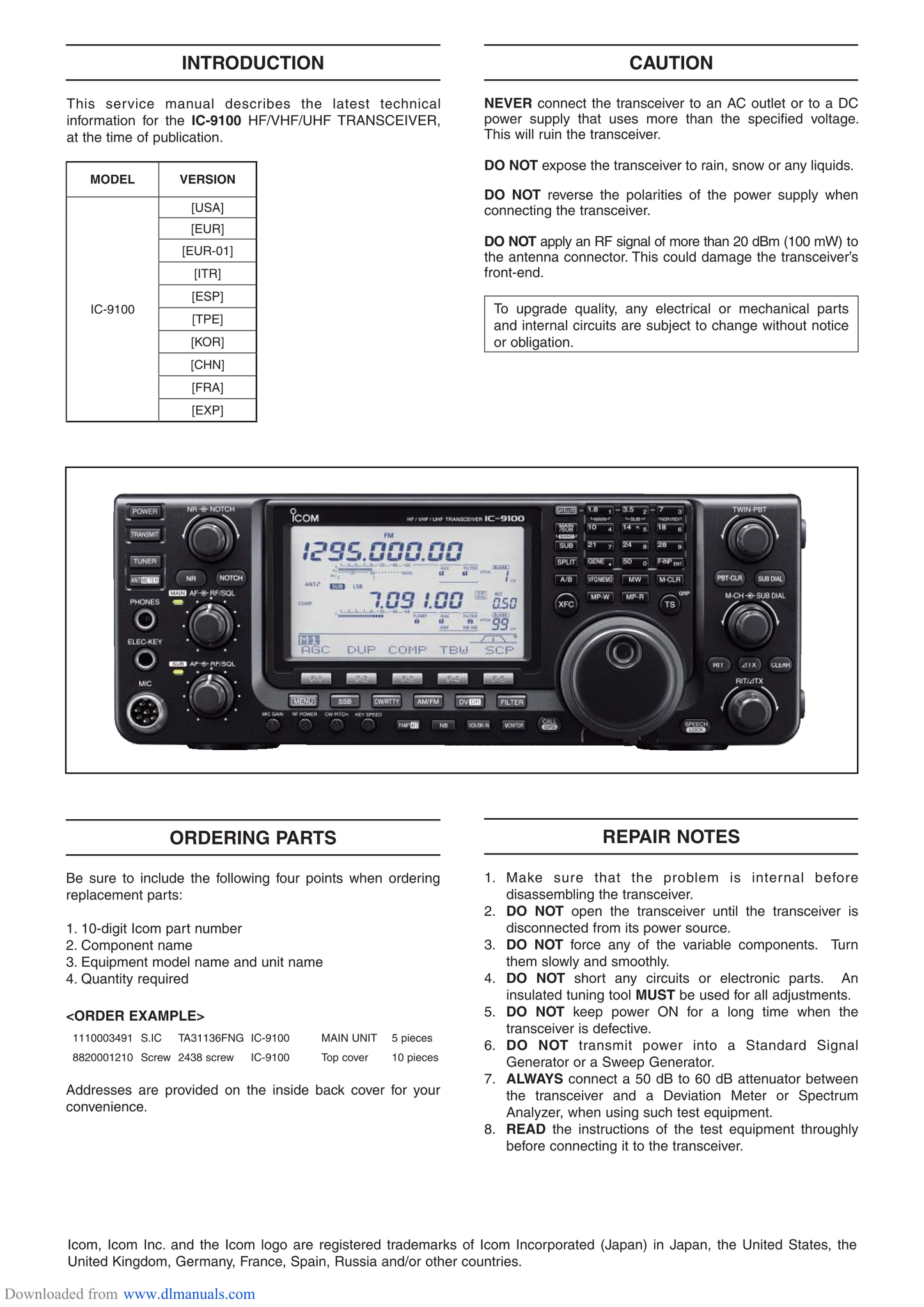 Icom IC-9100 HF/VHF/UHF Transceiver Service Manual (Pages: 163)