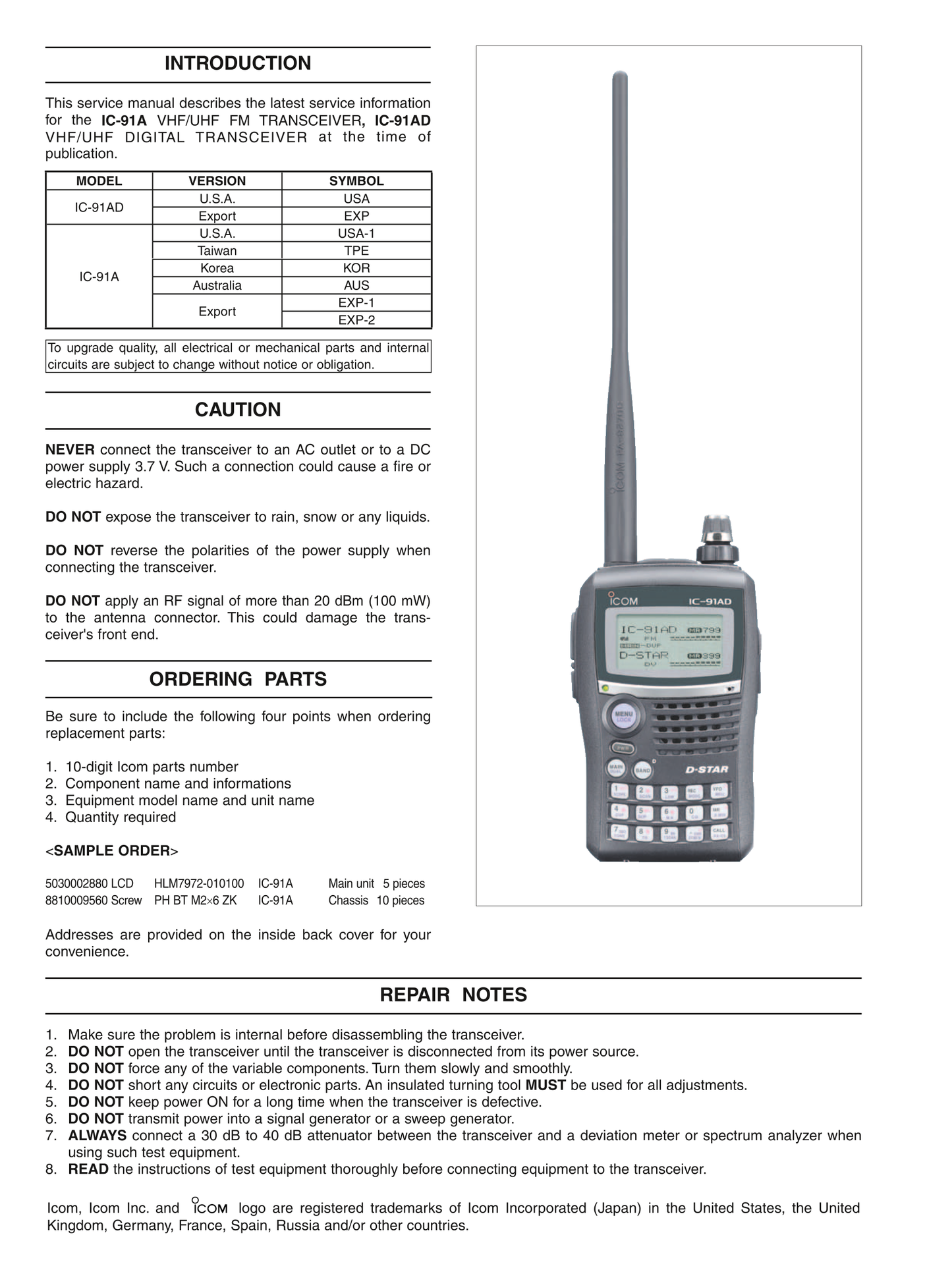 Icom IC-91 A & AD FM Transceiver Service Manual (Pages: 50)