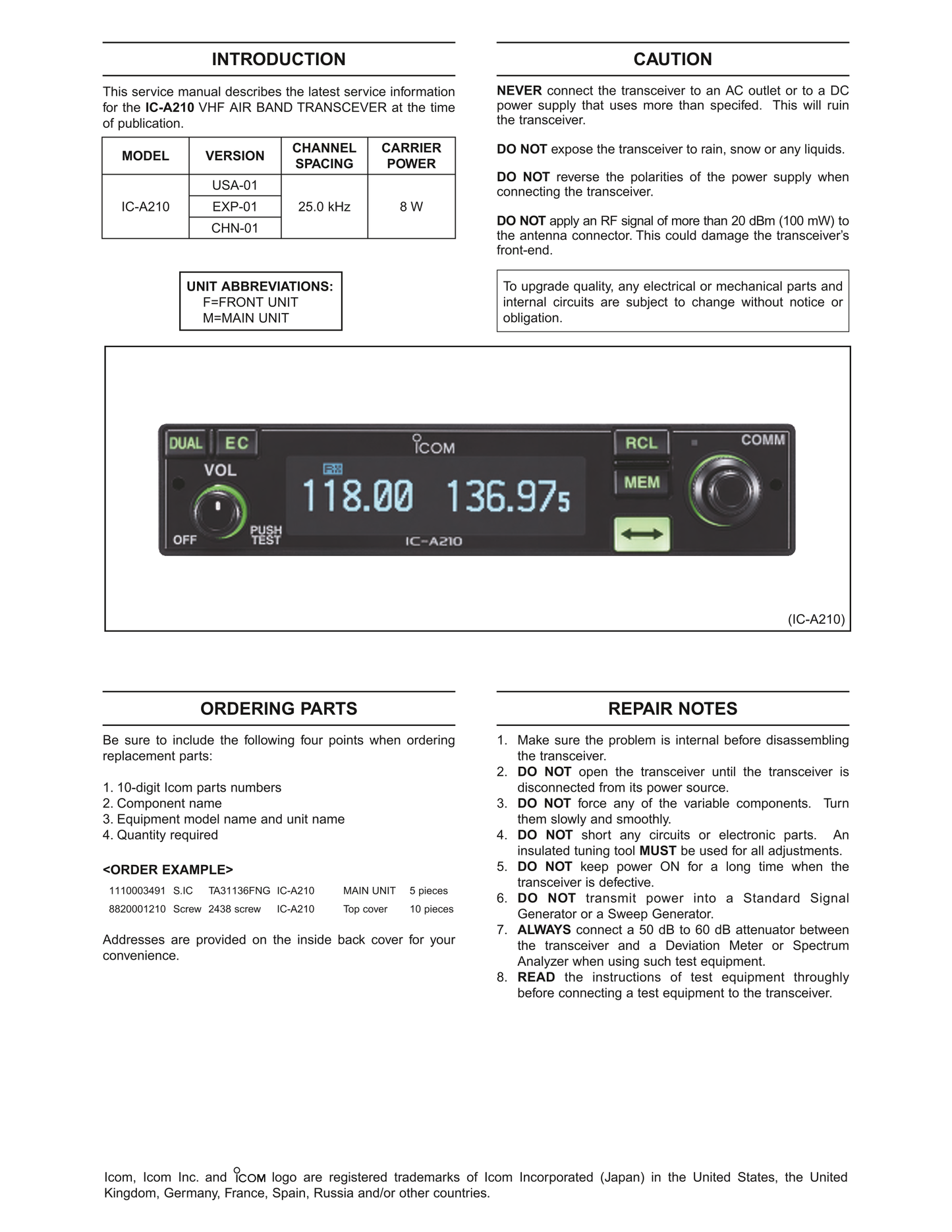 Icom IC-A210 Air Band Transceiver Service Manual (Pages: 49)