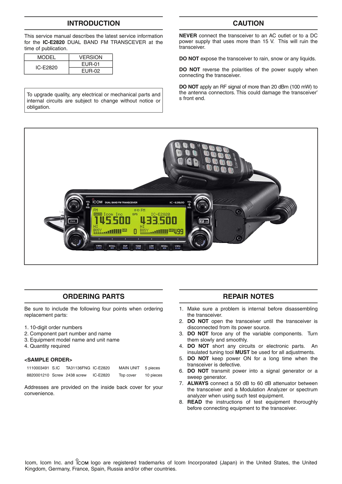 Icom IC-E2820 FM Transceiver Service Manual (Pages: 57)