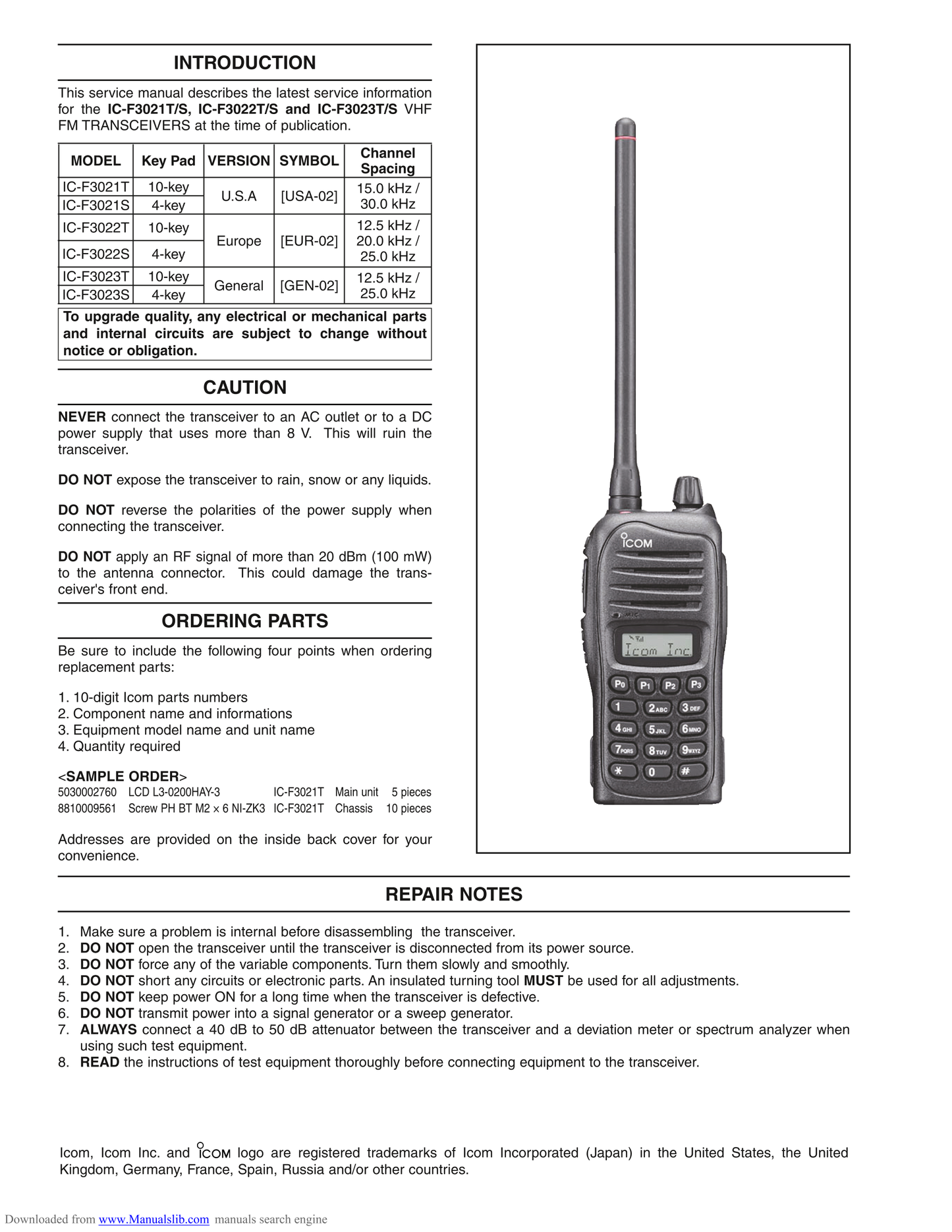Icom IC-F3021 T, IC-F3022 T & IC-F3023 FM Transceiver Service Manual (Pages: 36)