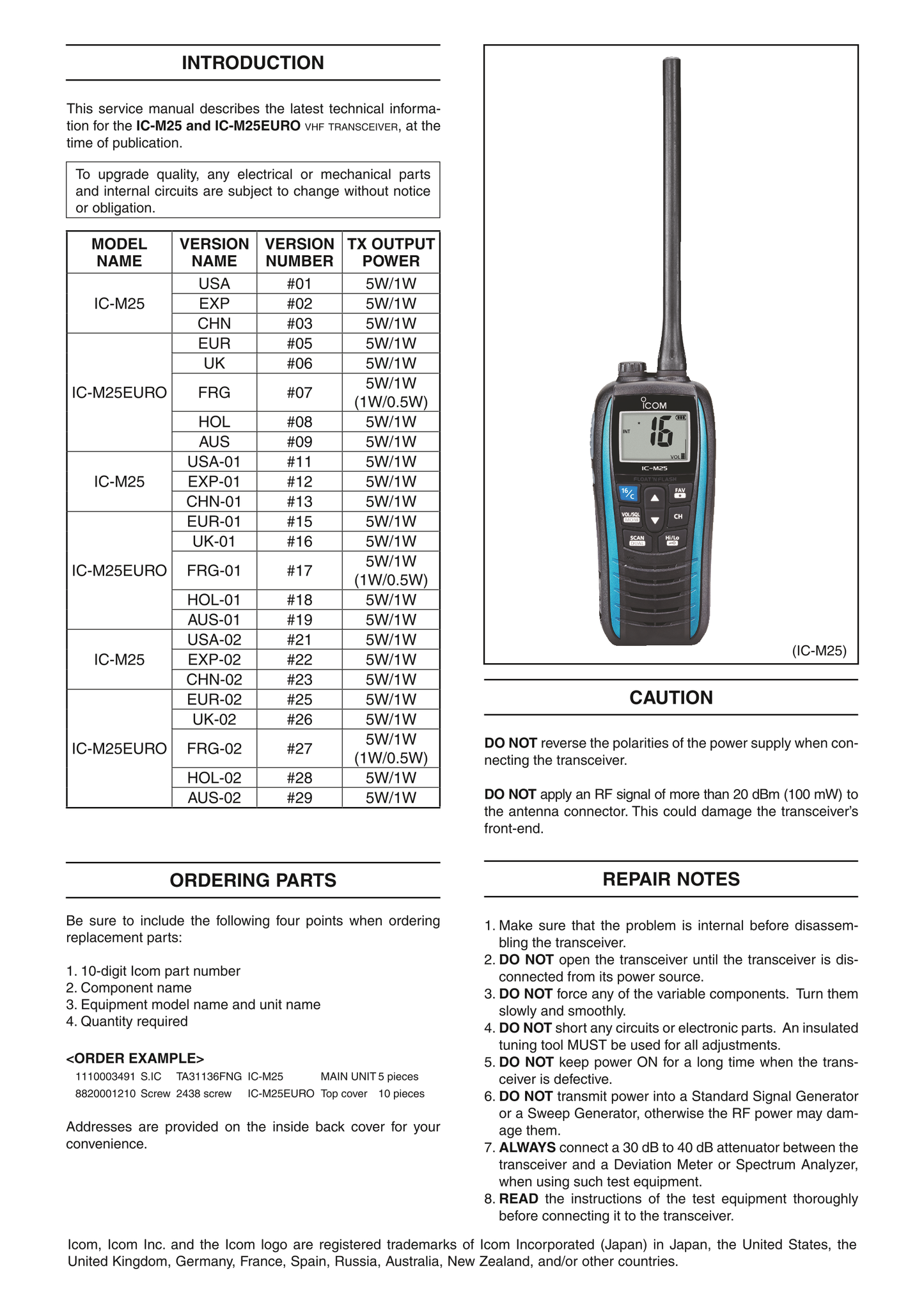 Icom IC-M25 VHF Transceiver Service Manual (Pages: 27)