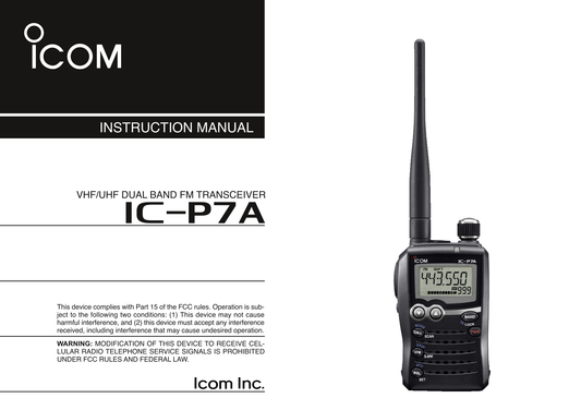 Icom IC-P7 A VHF/UHF Dual Band FM Transceiver Owner/ User Manual (Pages: 96)