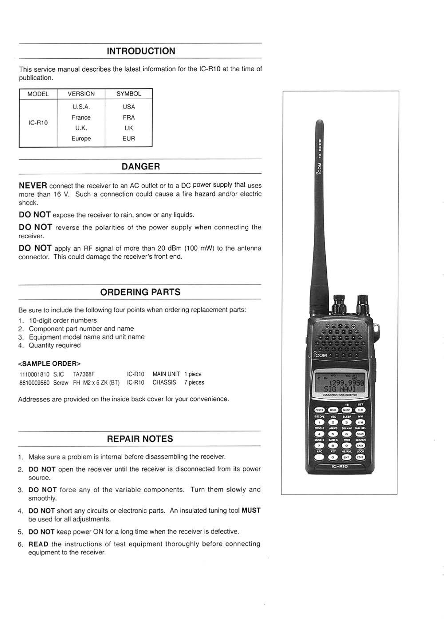 Icom IC-R10 Communicatons Receiver Service Manual (Pages: 56)