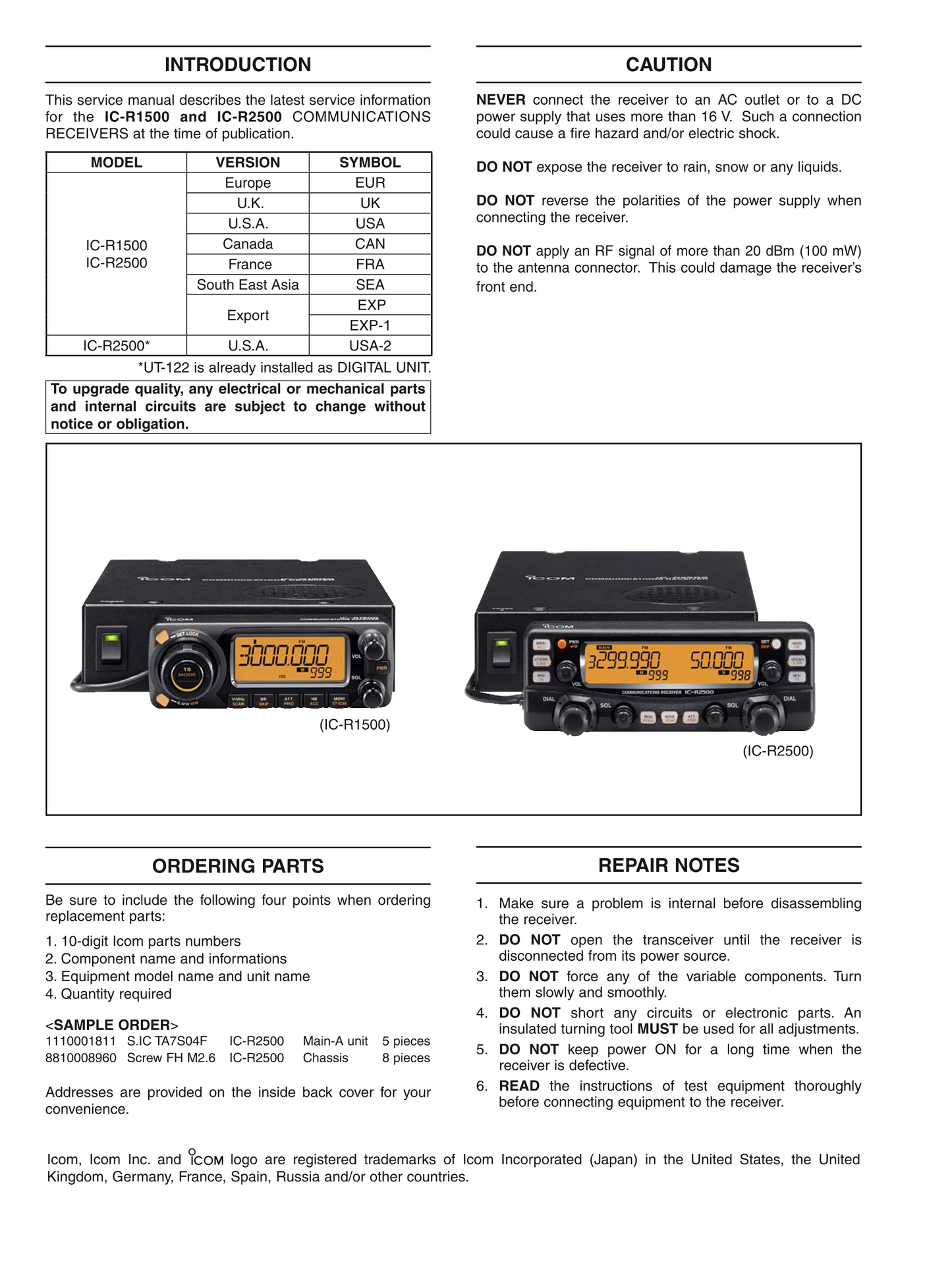 Icom IC-R1500 & IC-R2500 Communicatons Receiver Service Manual (Pages: 72)