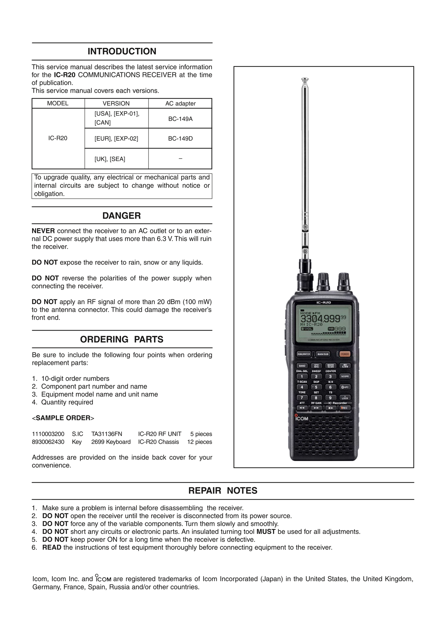 Icom IC-R20 Communicatons Receiver Service Manual (Pages: 117)