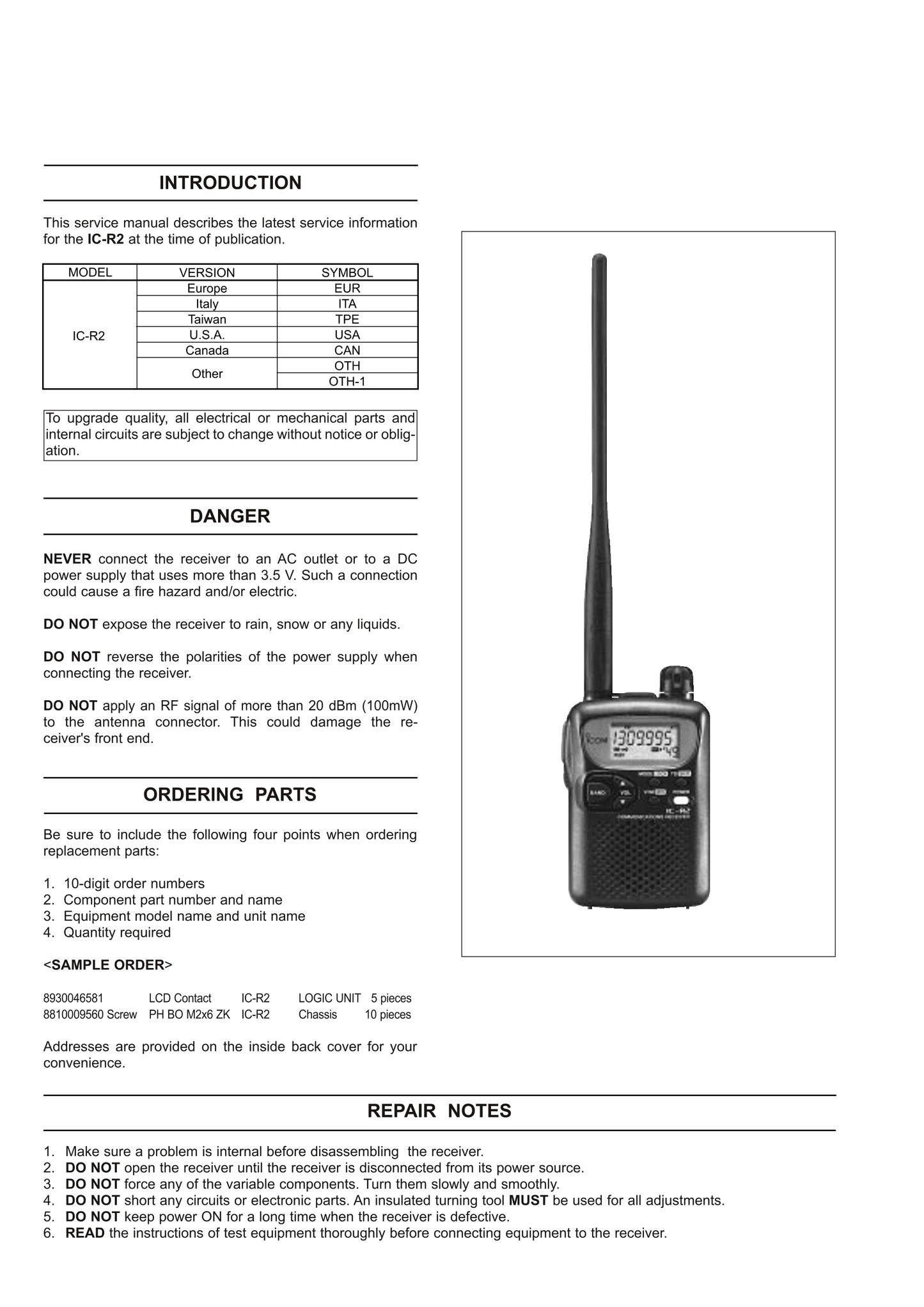 Icom IC-R2 Communicatons Receiver Service Manual (Pages: 35)