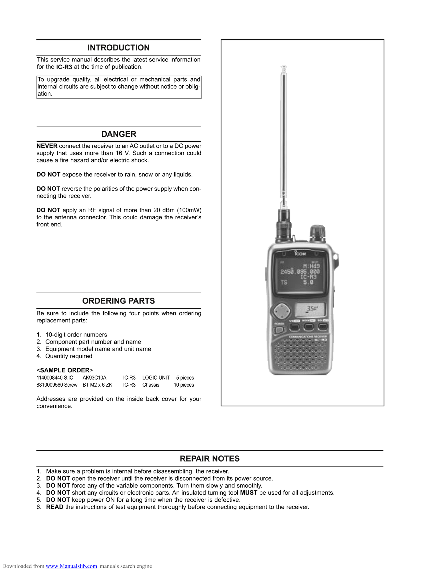 Icom IC-R3 Communicatons Receiver Service Manual (Pages: 61)